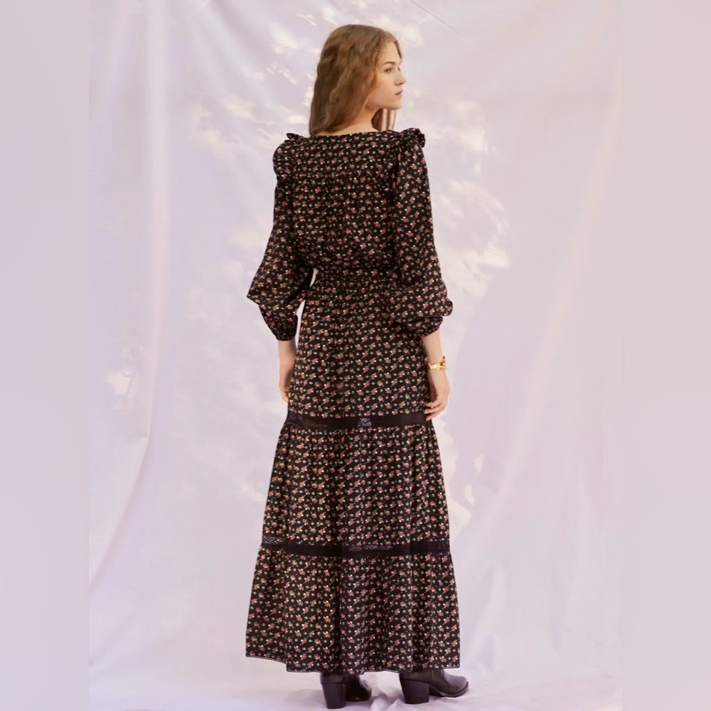 Smocked Floral Maxi Dress in Black with Pink Accents - Picture 6 of 6